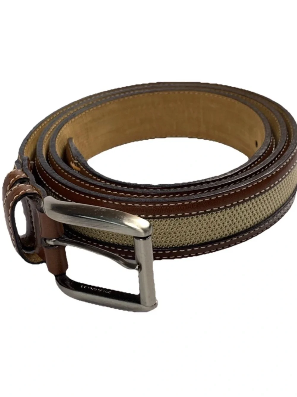 Tommy Bahama Belt 44 Tan Brown Canvas Leather Made Spain TB5080 Mens